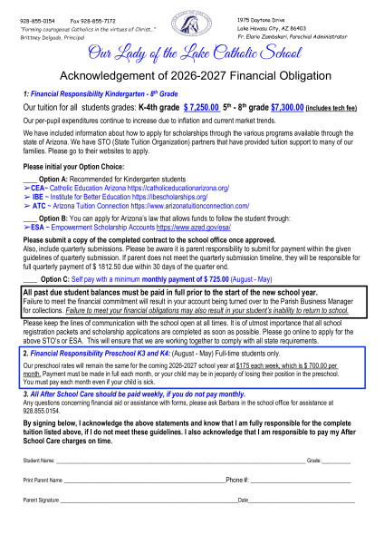 Financial Obligation PreK, K-8th Grade