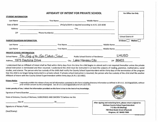 Affidavit of Intent for Private School