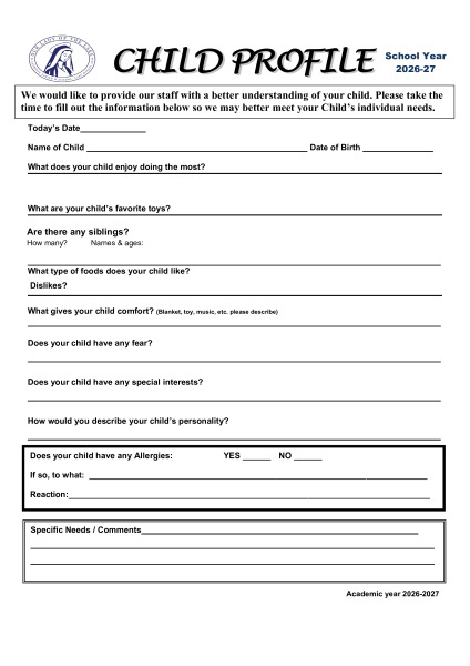 Child Profile for 2026-2027